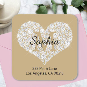 Diamond Herz, Gold Monogramm, Name, Anschrift Quadratischer Aufkleber