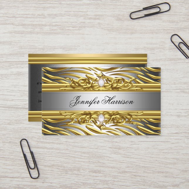 Diamond Jewel Zebra Gold auf Gold Silber Elegant Visitenkarte (Vorderseite/Rückseite Beispiel)
