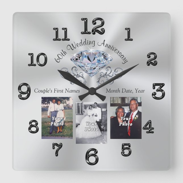 Diamond Jubiläum Geschenkideen Ihre Fotos, Text Quadratische Wanduhr (Vorderseite)