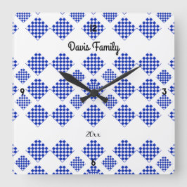 Diamond Karo Blue White Quadratische Wanduhr