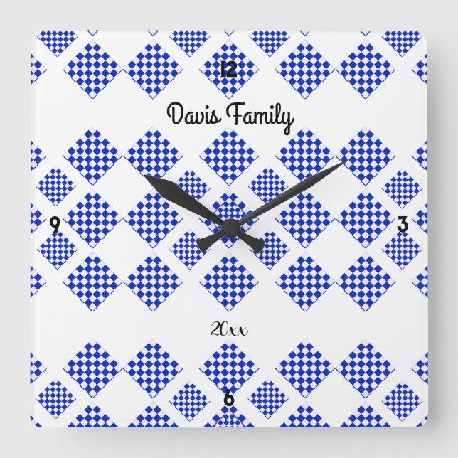 Diamond Karo Blue White Quadratische Wanduhr (Vorderseite)