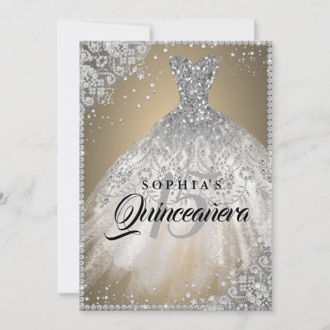 Diamond Lace Sparkle Gown Gold Silver Quinceanera Einladung (Vorderseite)