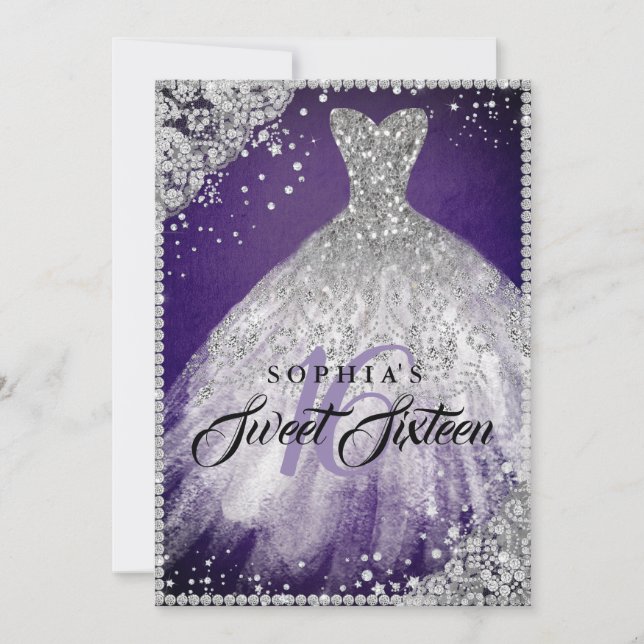 Diamond Lace Sparkle Gown Lila Silver Sweet 16 Einladung (Vorderseite)
