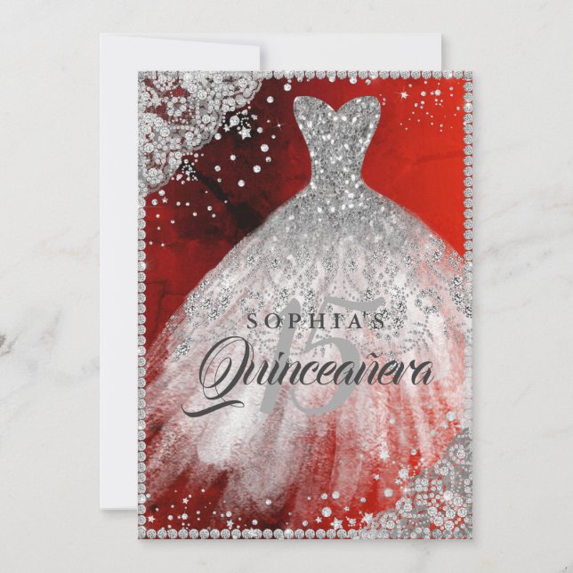 Diamond Lace Sparkle Gown Red Silver Quinceanera Einladung (Vorderseite)