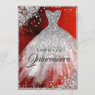 Diamond Lace Sparkle Gown Red Silver Quinceanera Einladung