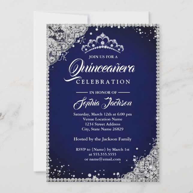 Diamond Lace Sparkle Navy Silver Quinceanera Einladung (Vorderseite)