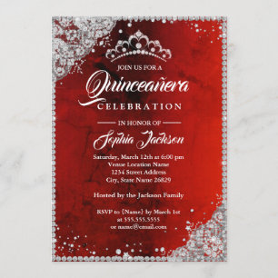 Diamond Lace Sparkle Red Silver Quinceanera Einladung