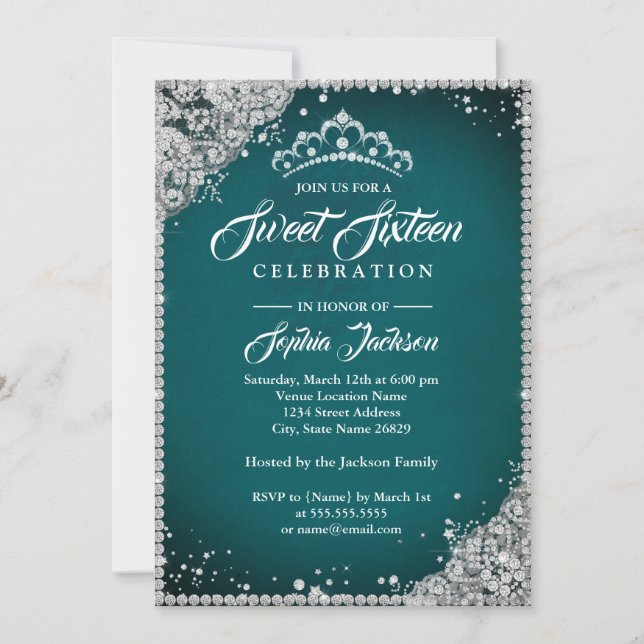 Diamond Lace Sparkle Tiara Aquamarin Silber Sweet  Einladung (Vorderseite)