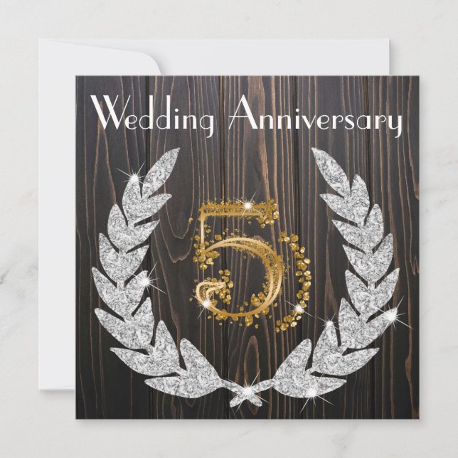 Diamond Laurel & Gold 5th Wedding Anniversary Inv Einladung (Vorderseite)