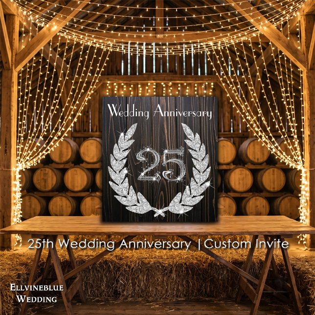 Diamond Laurel Silver 25. Hochzeitstag Einladung (25th Wedding Anniversary Invite | Rustic Wood & Silver & Laurel. Size: 5.25” x 5.25”)