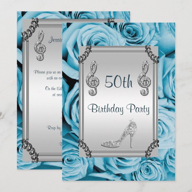 Diamond Musiknote, Stiletto & Blue Rose 50. Einladung (Vorne/Hinten)