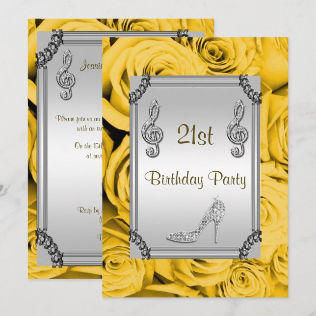 Diamond Musiknote, Stiletto & Yellow Roses 21. Einladung (Vorne/Hinten)