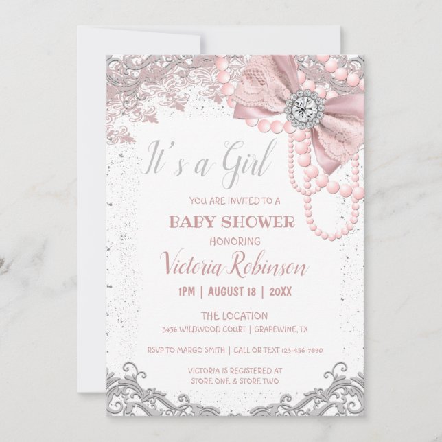 Diamond Pearl Blush Pink Girly Elegant Babydusche Einladung (Vorderseite)