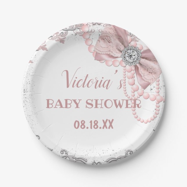 Diamond Pearl Blush Pink Girly Elegant Babydusche Pappteller (Vorderseite)