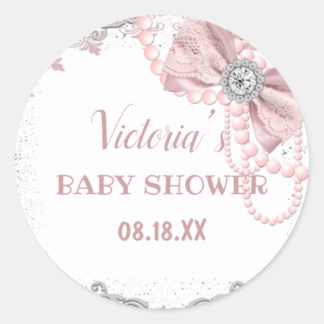Diamond Pearl Blush Pink Girly Elegant Babydusche Runder Aufkleber (Vorderseite)