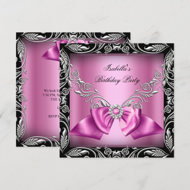 Diamond Pink Bow Silver Black Birthday Party Einladung (Vorne/Hinten)