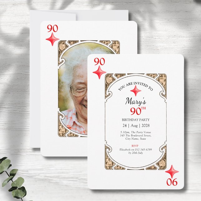 Diamond Playing Card 90th Birthday Invitation (90th birthday party invitations. Art deco playing card style on a grey wood background )
