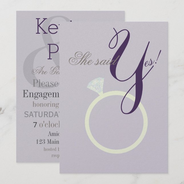 Diamond Ring Sie sagte Ja Grau & Mauve Party Card Einladung (Vorne/Hinten)