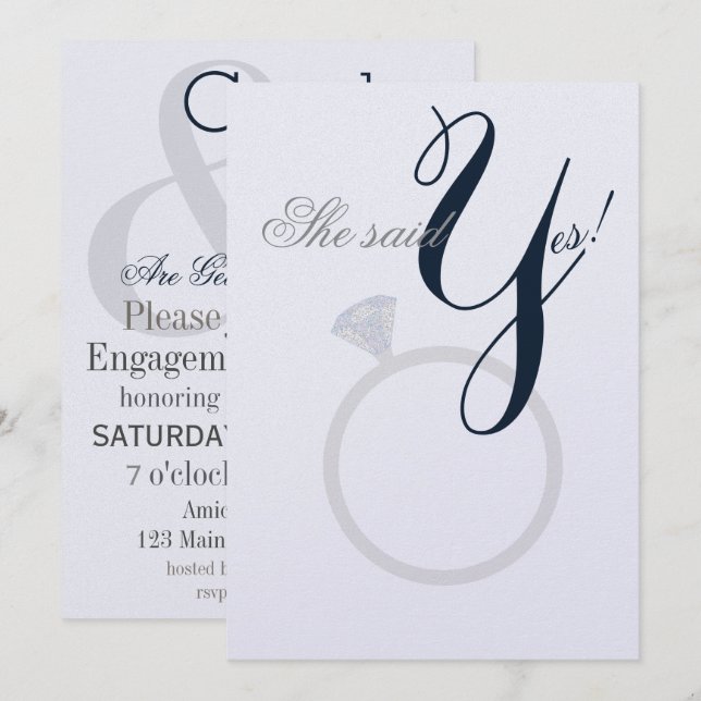 Diamond Ring Sie sagte Ja Navy und Grau Party Card Einladung (Vorne/Hinten)
