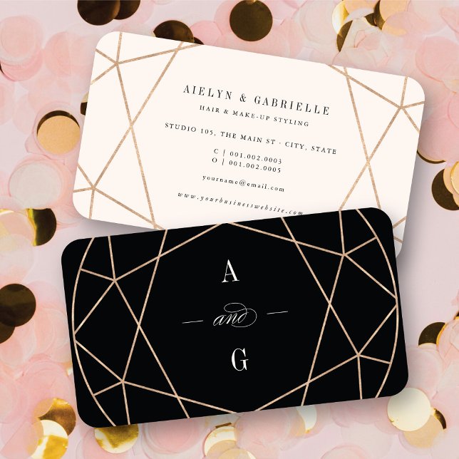 Diamond Rose Gold Gemstone Geometric Stylish Chic Visitenkarte (Double Monograms Diamond Rose Gold Gemstone Geometric Stylish Chic Business Card @ fatfatin)