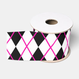 Diamond Shape Argyle Print Black Pink Ribbon Ripsband