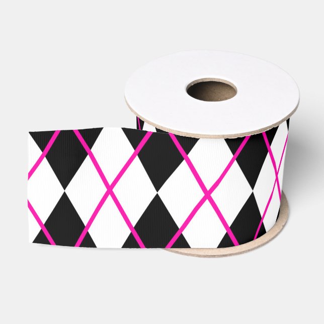 Diamond Shape Argyle Print Black Pink Ribbon Ripsband (Spule)