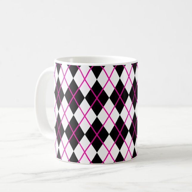 Diamond Shape Argyle Print Cup Mug Black Pink Kaffeetasse (Vorderseite Links)