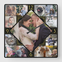 Diamond Shaped Family Photo Collage Mod Black Gold Quadratische Wanduhr
