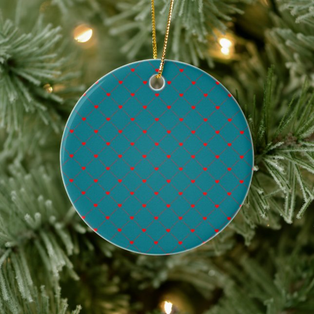 Diamond Shaped Red Heart & Line Art Keramik Ornament (Baum)