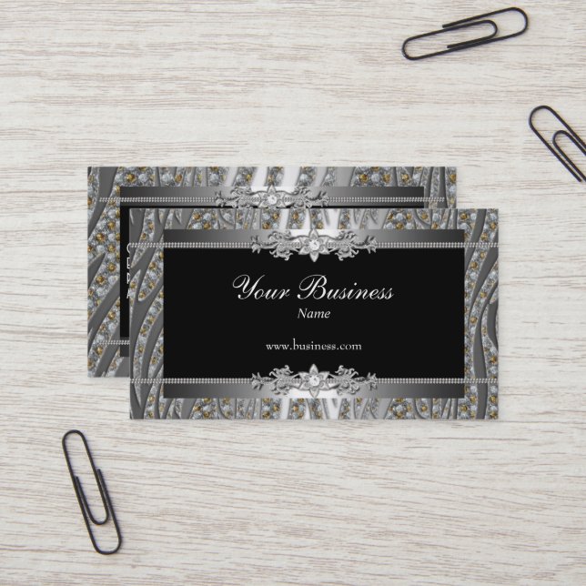 Diamond Silver Black Elegant Zebra Jewel Visitenkarte (Vorderseite/Rückseite Beispiel)
