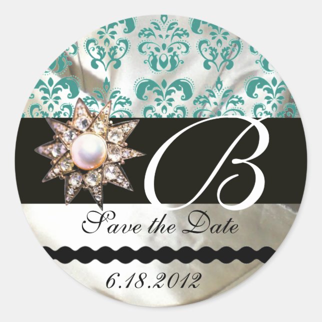 DIAMOND STAR WHUE BLUE SILK DAMASK MONOGRAM RUNDER AUFKLEBER (Vorderseite)