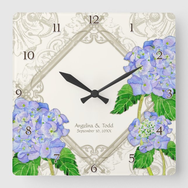 Diamond Swirl Blue Hydrangea Wedding Anniversary Quadratische Wanduhr (Vorderseite)