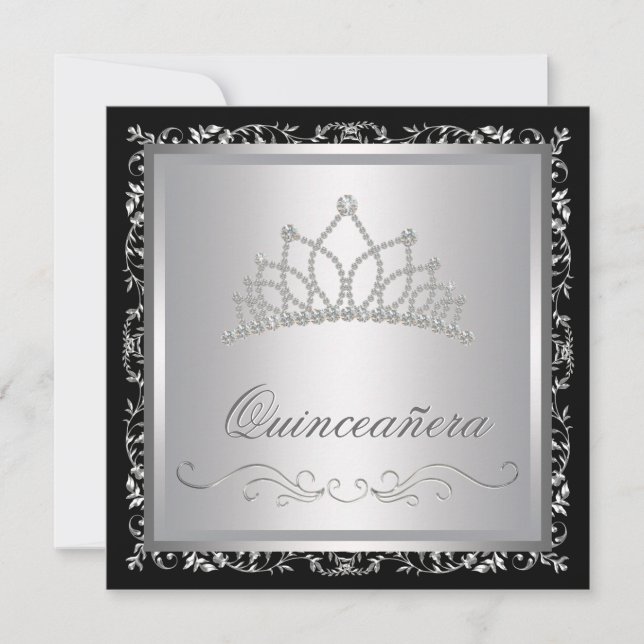 Diamond Tiara Black Damask Quinceanera Einladung (Vorderseite)