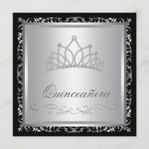 Diamond Tiara Black Damask Quinceanera Einladung