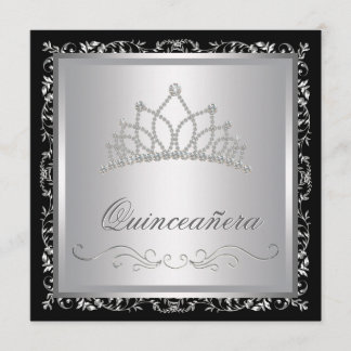 Diamond Tiara Black Damask Quinceanera Einladung