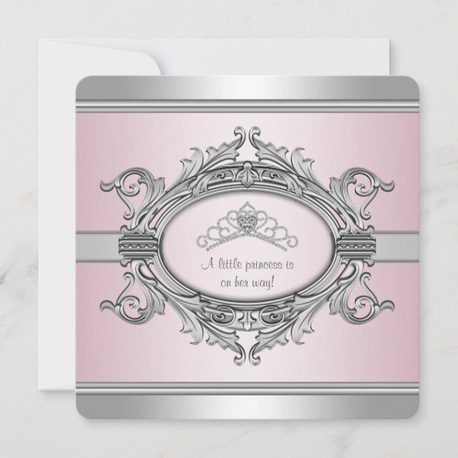 Diamond Tiara Gray Pink Princess Baby Girl Dusche Einladung (Vorderseite)