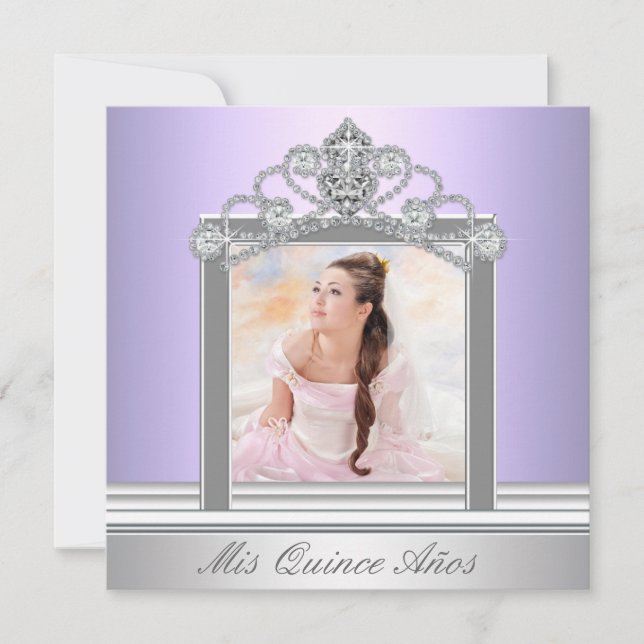 Diamond Tiara Lila Foto Quinceanera Einladung (Vorderseite)