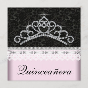 Diamond Tiara Pink Black Sweet 15 Quinceanera Einladung