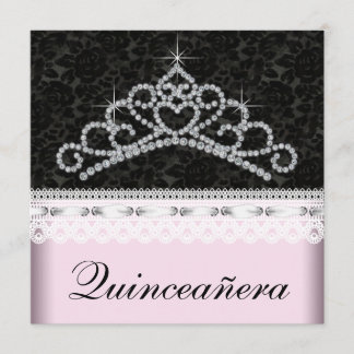 Diamond Tiara Pink Black Sweet 15 Quinceanera Einladung