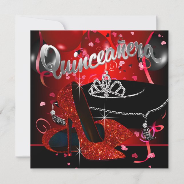 Diamond Tiara Red und Black Quinceanera Einladung (Vorderseite)