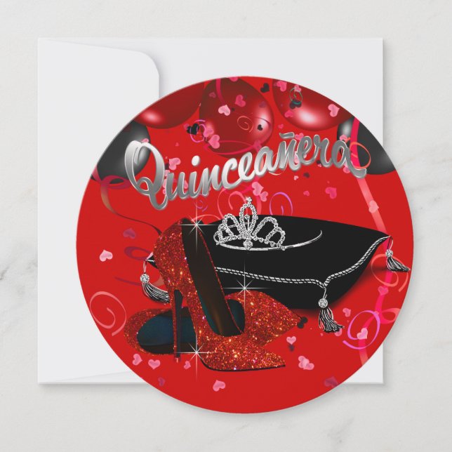 Diamond Tiara Red und Black Quinceanera Einladung (Vorderseite)