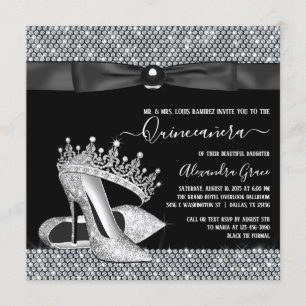 Diamond Tiara Shoe Glam Black Krawatte Quinceanera Einladung
