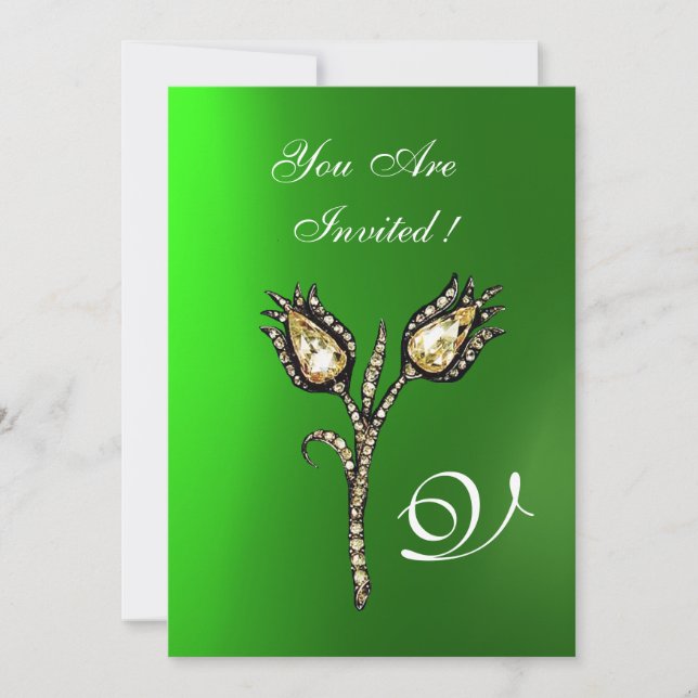 DIAMOND TULIPS MONOGRAM ,Green Emerald Einladung (Vorderseite)