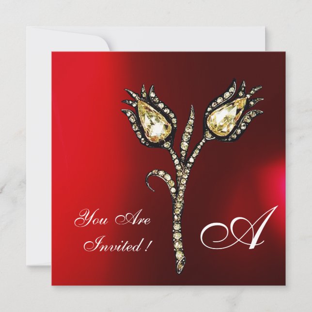 DIAMOND TULIPS MONOGRAM, Red Burgund White Einladung (Vorderseite)