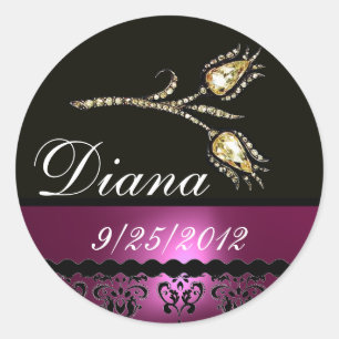 DIAMOND TULIPS SCHWARZ-WEISS PINK FUCHSIA DAMASK, RUNDER AUFKLEBER