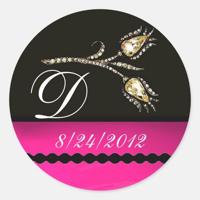 DIAMOND TULIPS SCHWARZ-WEISS PINK FUCHSIA MONOGRAM RUNDER AUFKLEBER (Vorderseite)