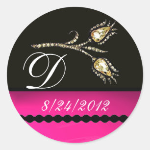 DIAMOND TULIPS SCHWARZ-WEISS PINK FUCHSIA MONOGRAM RUNDER AUFKLEBER