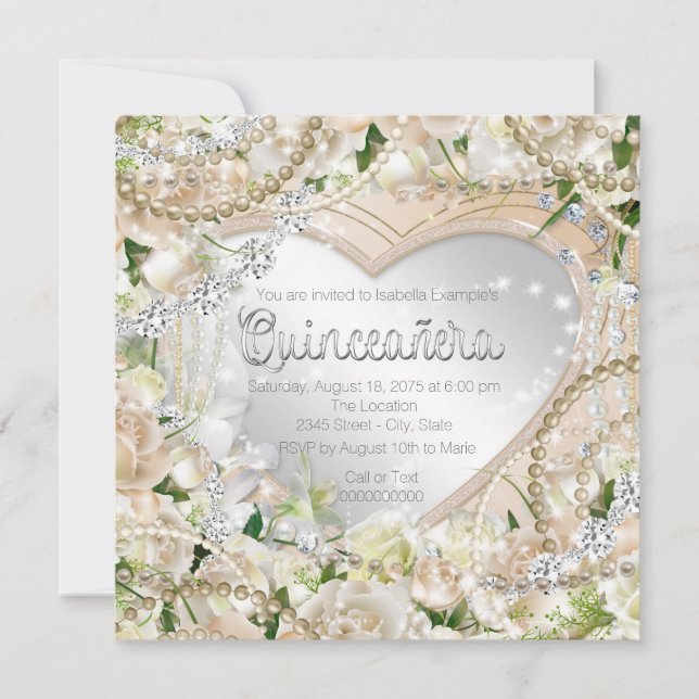 Diamond und Pearl White Rose Quinceanera Einladung (Vorderseite)
