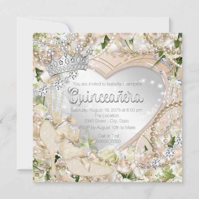 Diamond und Pearl White Rose Quinceanera Einladung (Vorderseite)