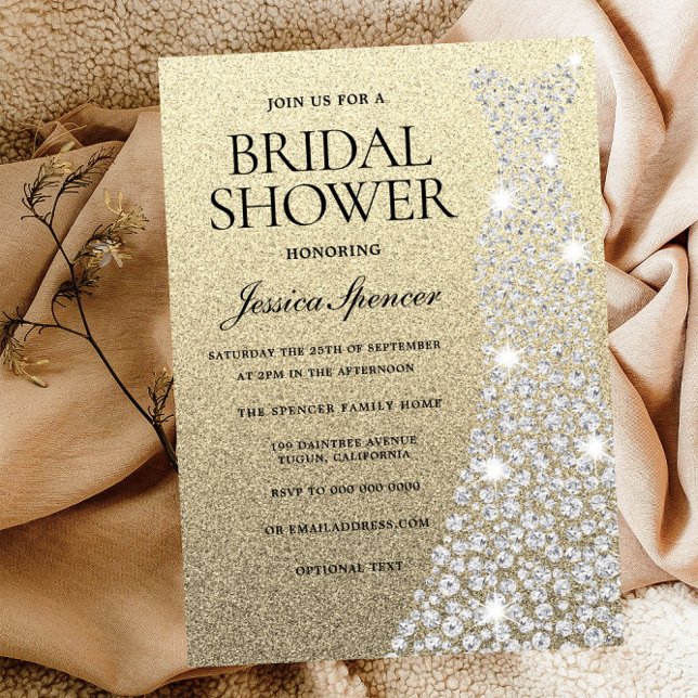 Diamond Wedding Dress Gold Glitzer Brautparty Einladung (Von Creator hochgeladen)